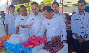 TINJAU PASAR MURAH- Kadis Pangan Provinsi Tengah Iskandar Nongtji bersama Bupati Sigi Irwan Lapatta meninggal stand pasar murah di Lapangan Kotapulu, Dolo, Selasa(4/10/2023).Foto : Istimewah