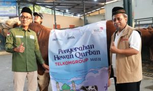 Ketua Umum Majelis Taklim TelkomGroup (MTTG) Pusat Agus Riyono (kanan) menyerahkan hewan kurban secara simbolis kepada Sekretaris LazisNU Pusat, Moesava di Jakarta, Sabtu (15/6/2024). Foto : istimewa